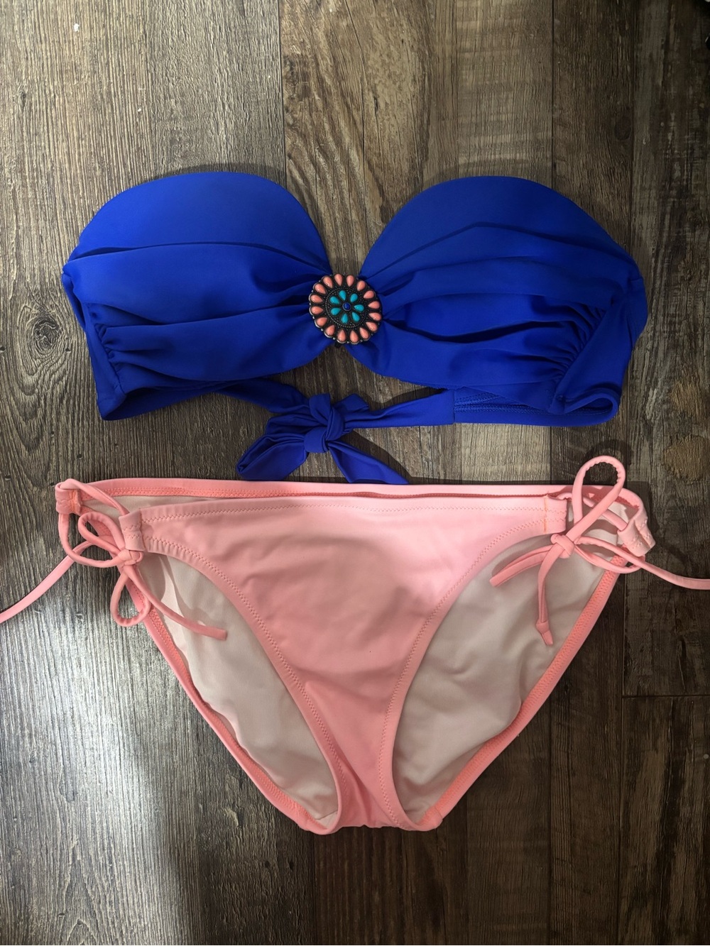 Blue Bandeau Bikini Top with Pink Tie-Side Bottoms